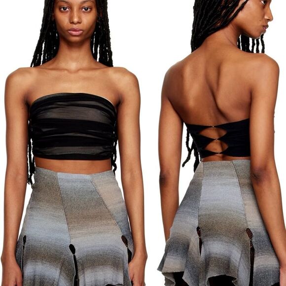 RUI Size L NWT ONYX Tube Top Beaded Pearl Cut Out Strapless Black Cream Stretchy - Picture 2 of 15